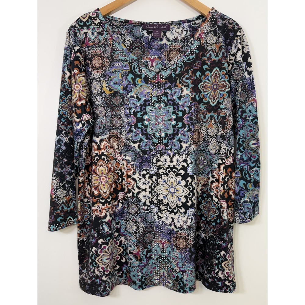 Gloria Vanderbilt Teegan Embellished Tunic Top Medium M Medallion Paisley Boho